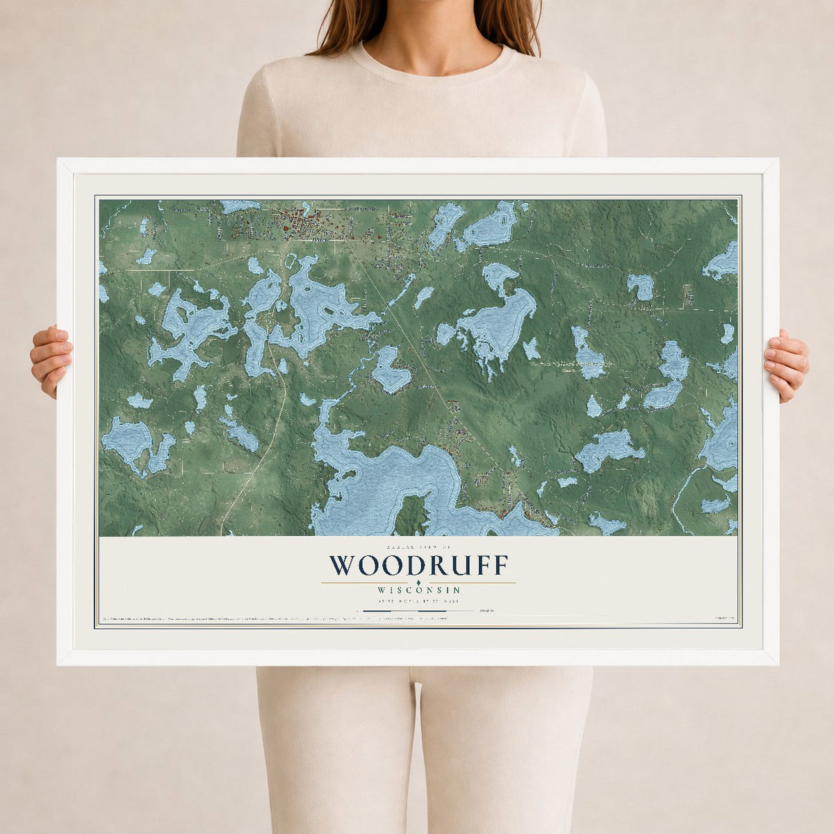 Map of Woodruff, Wisconsin, 24 x 36 inch print in a white wood frame