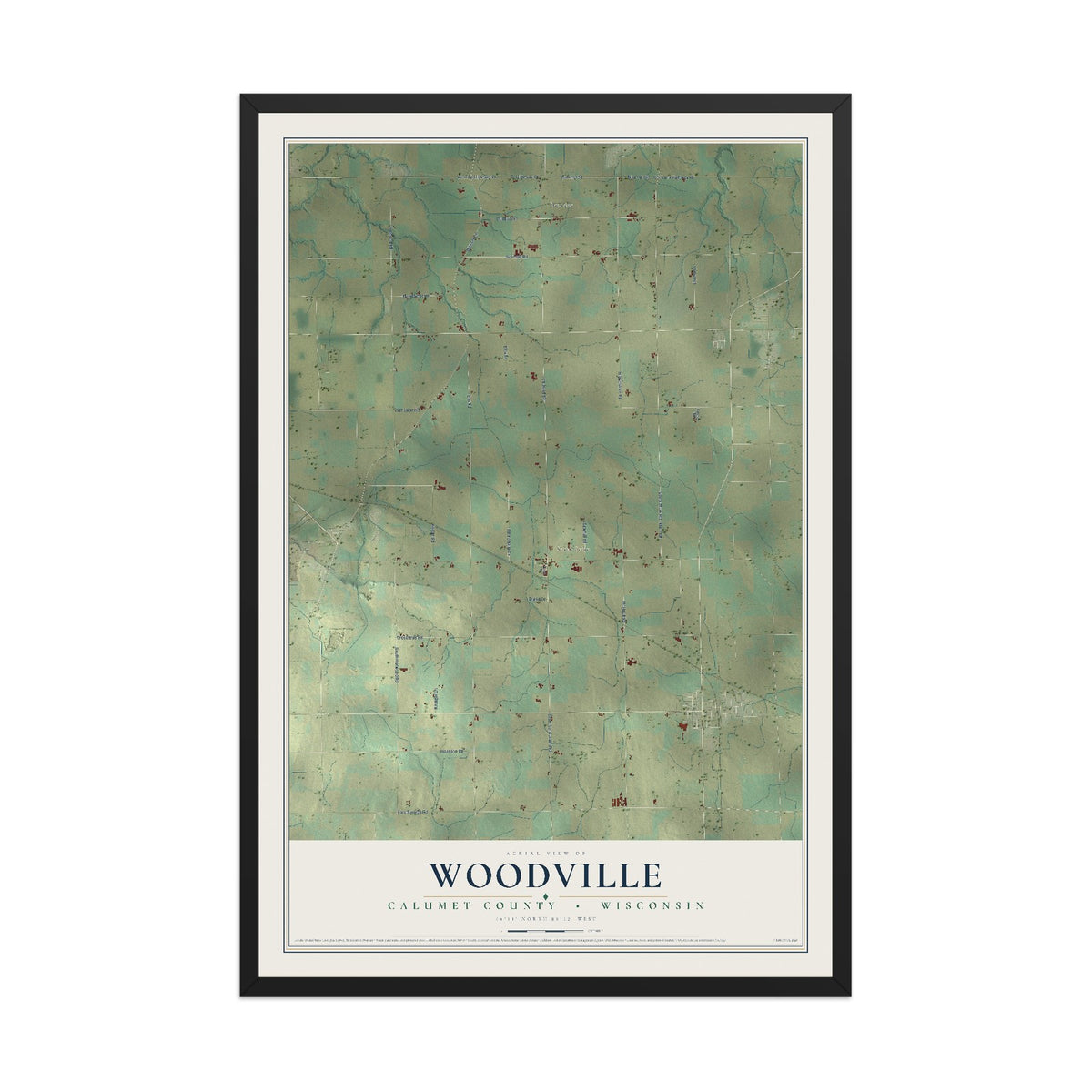 Map of Woodville, Calumet County, Wisconsin, 12 x 18 inch print in a black wood frame