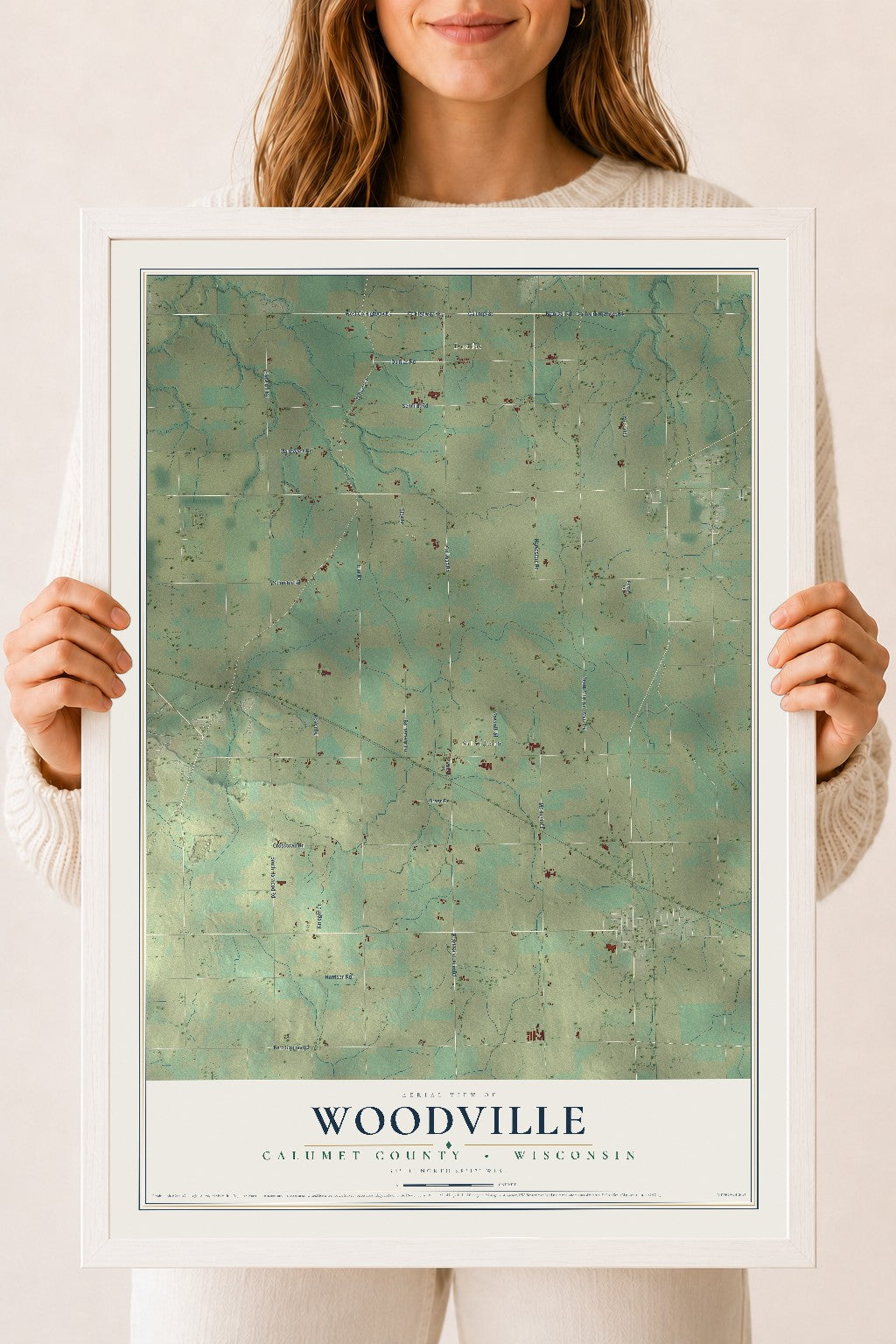 Map of Woodville, Calumet County, Wisconsin, 18 x 24 inch print in a white wood frame