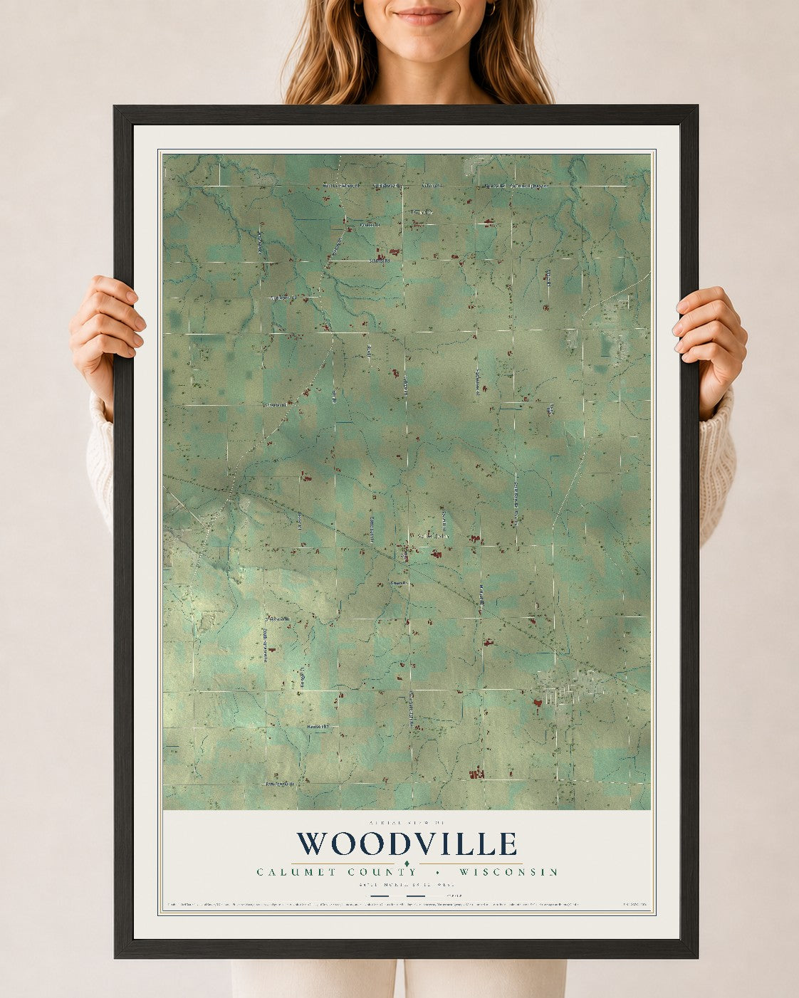 Map of Woodville, Calumet County, Wisconsin, 24 x 36 inch print in a black wood frame