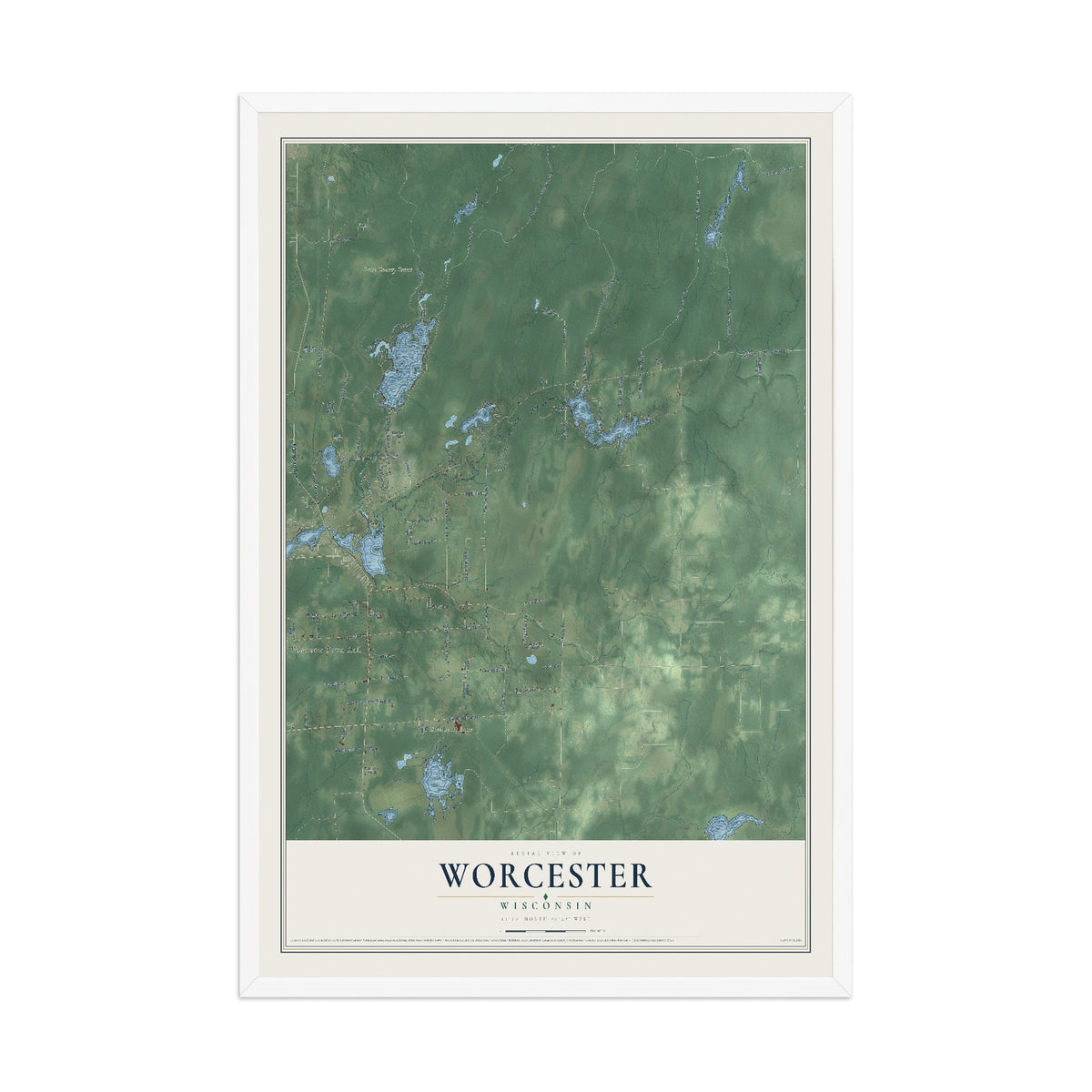 Map of Worcester, Wisconsin, 12 x 18 inch print in a white wood frame
