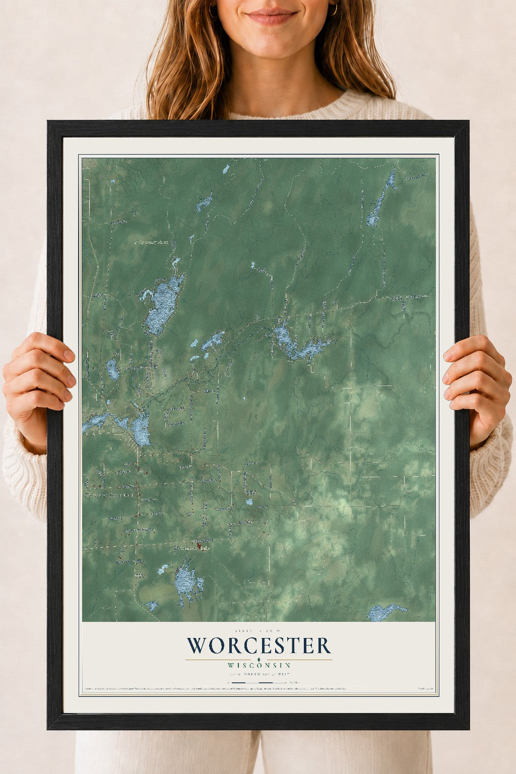 Map of Worcester, Wisconsin, 18 x 24 inch print in a black wood frame