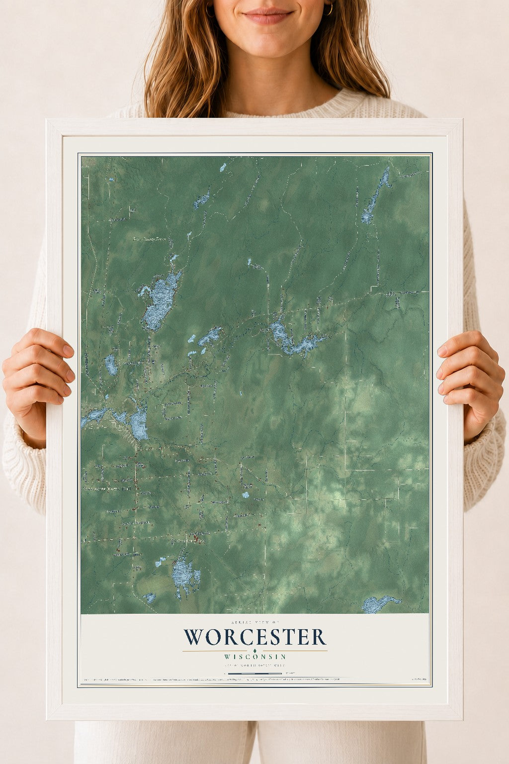 Map of Worcester, Wisconsin, 18 x 24 inch print in a white wood frame
