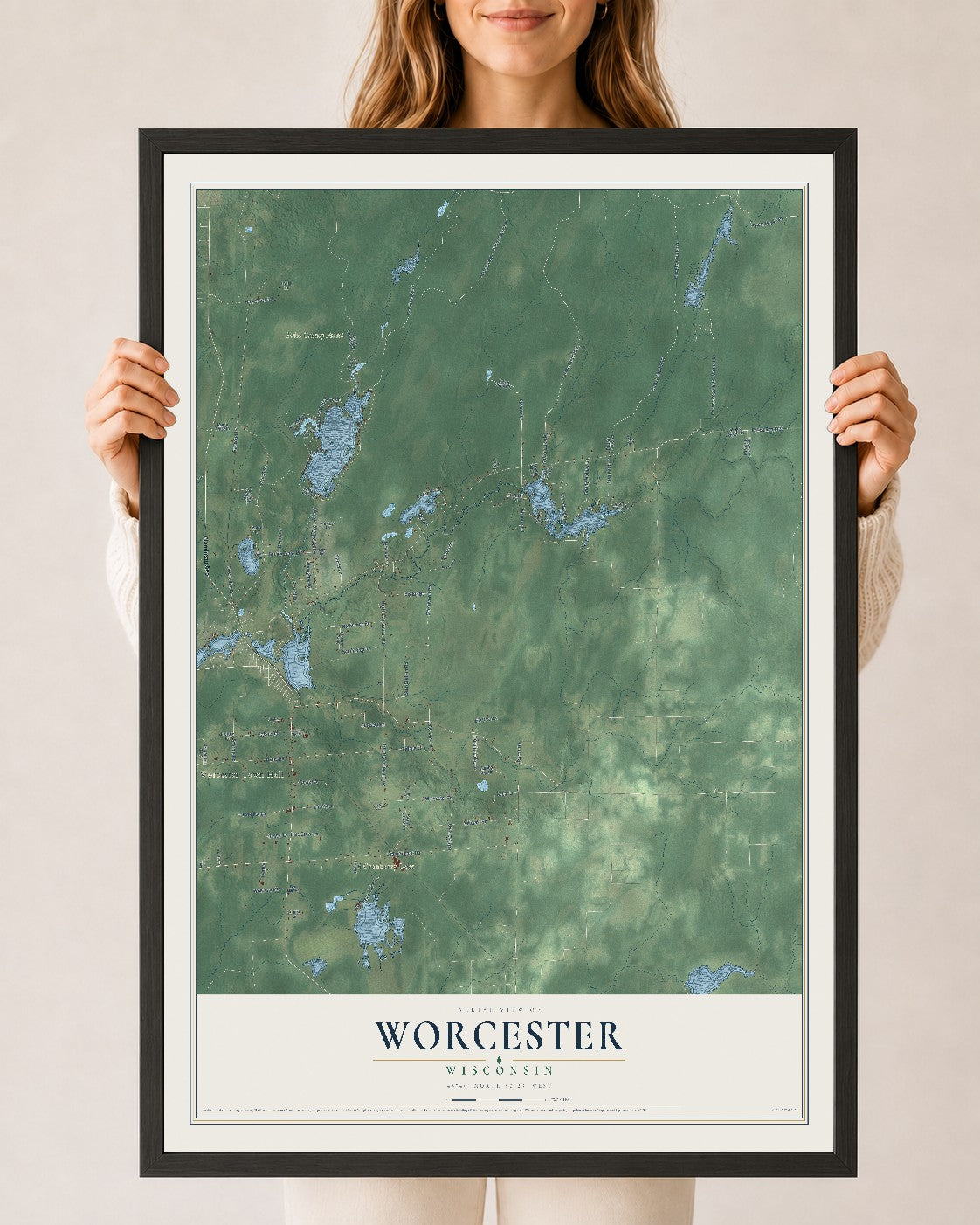 Map of Worcester, Wisconsin, 24 x 36 inch print in a black wood frame