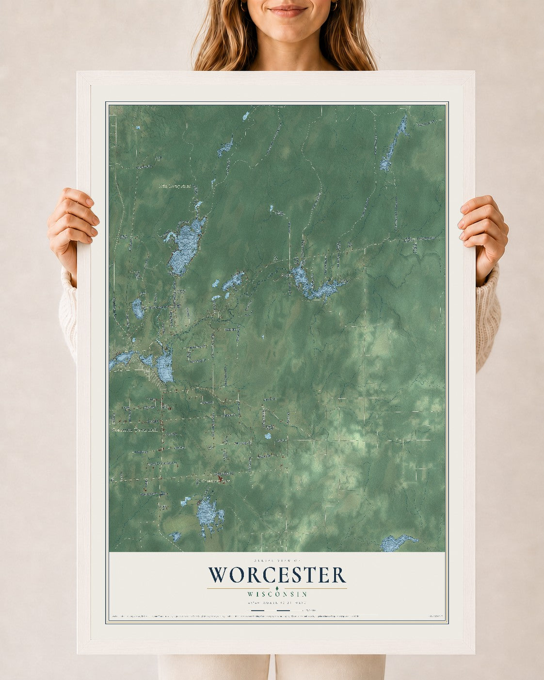 Map of Worcester, Wisconsin, 24 x 36 inch print in a white wood frame