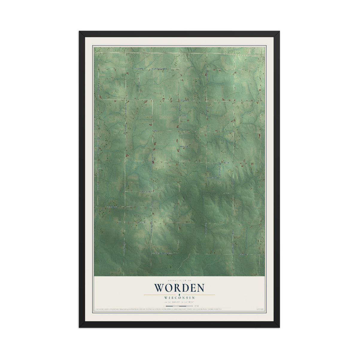 Map of Worden, Wisconsin, 12 x 18 inch print in a black wood frame