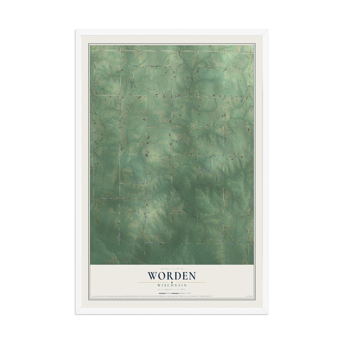 Map of Worden, Wisconsin, 12 x 18 inch print in a white wood frame