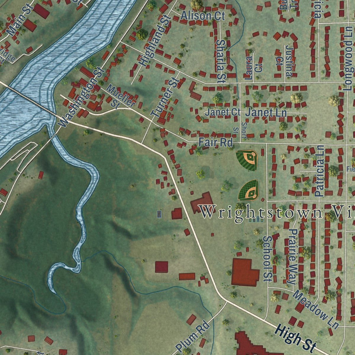 Close-up of the map of Wrightstown, Wisconsin print showing street and building detail
