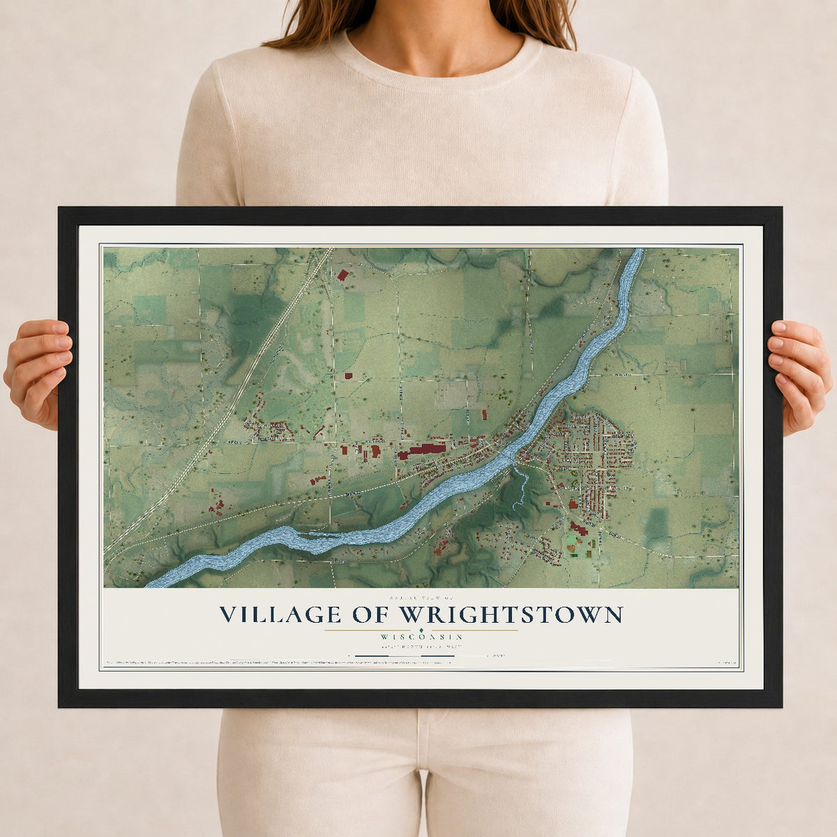 Map of Wrightstown, Wisconsin, 12 x 18 inch print in a black wood frame
