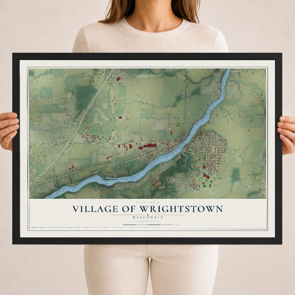 Map of Wrightstown, Wisconsin, 18 x 24 inch print in a black wood frame