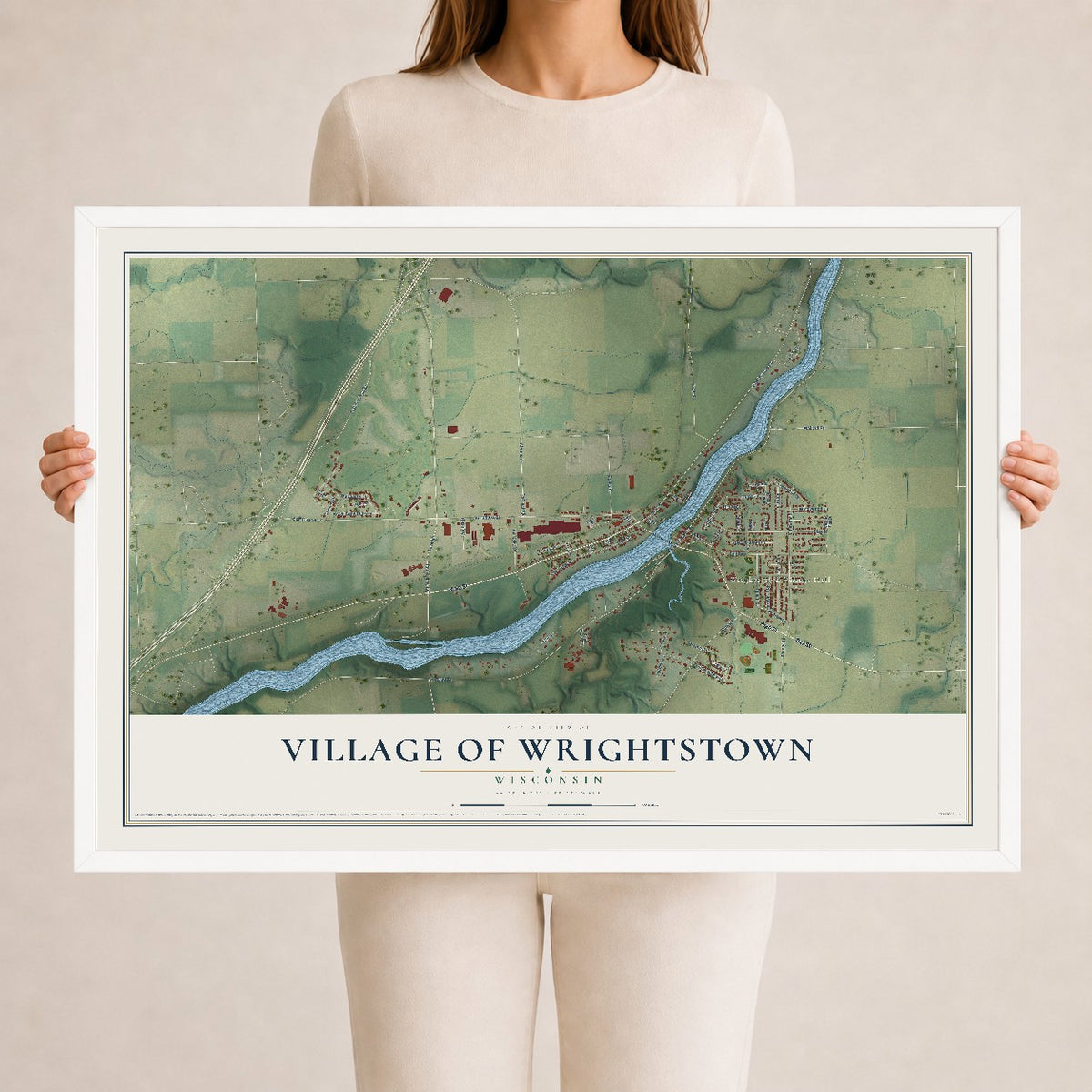 Map of Wrightstown, Wisconsin, 24 x 36 inch print in a white wood frame