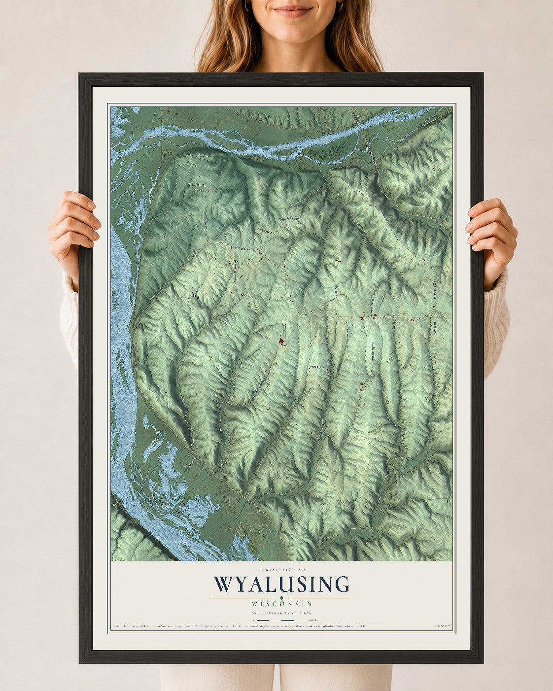 Map of Wyalusing, Wisconsin, 24 x 36 inch print in a black wood frame