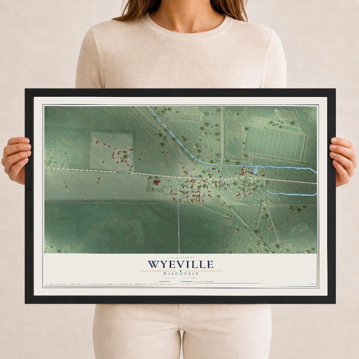 Map of Wyeville, Wisconsin, 12 x 18 inch print in a black wood frame