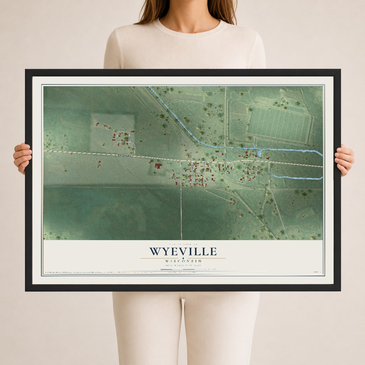 Map of Wyeville, Wisconsin, 24 x 36 inch print in a black wood frame