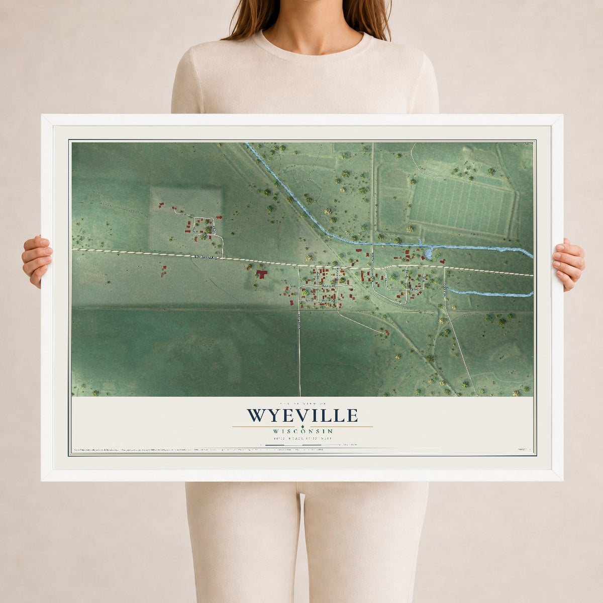 Map of Wyeville, Wisconsin, 24 x 36 inch print in a white wood frame