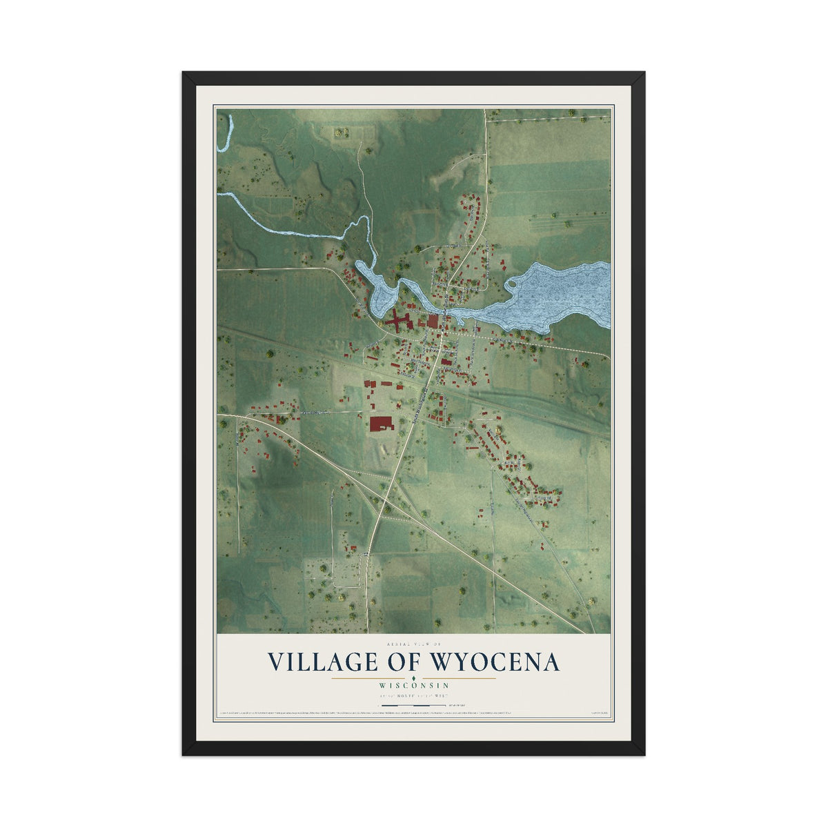 Map of Wyocena, Wisconsin, 12 x 18 inch print in a black wood frame