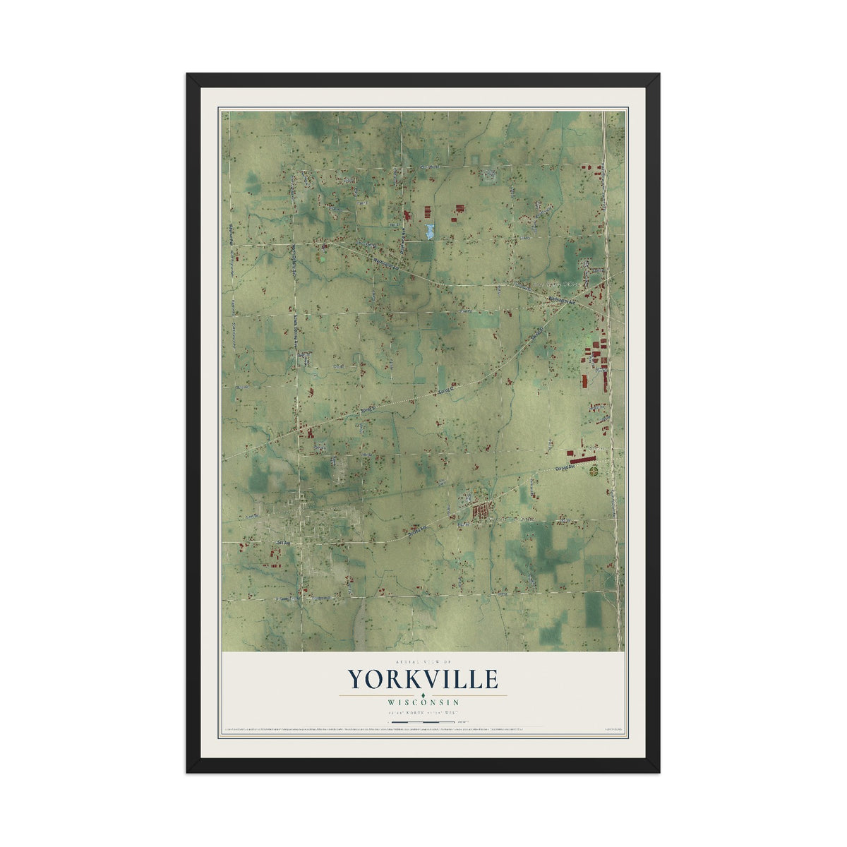 Map of Yorkville, Wisconsin, 12 x 18 inch print in a black wood frame