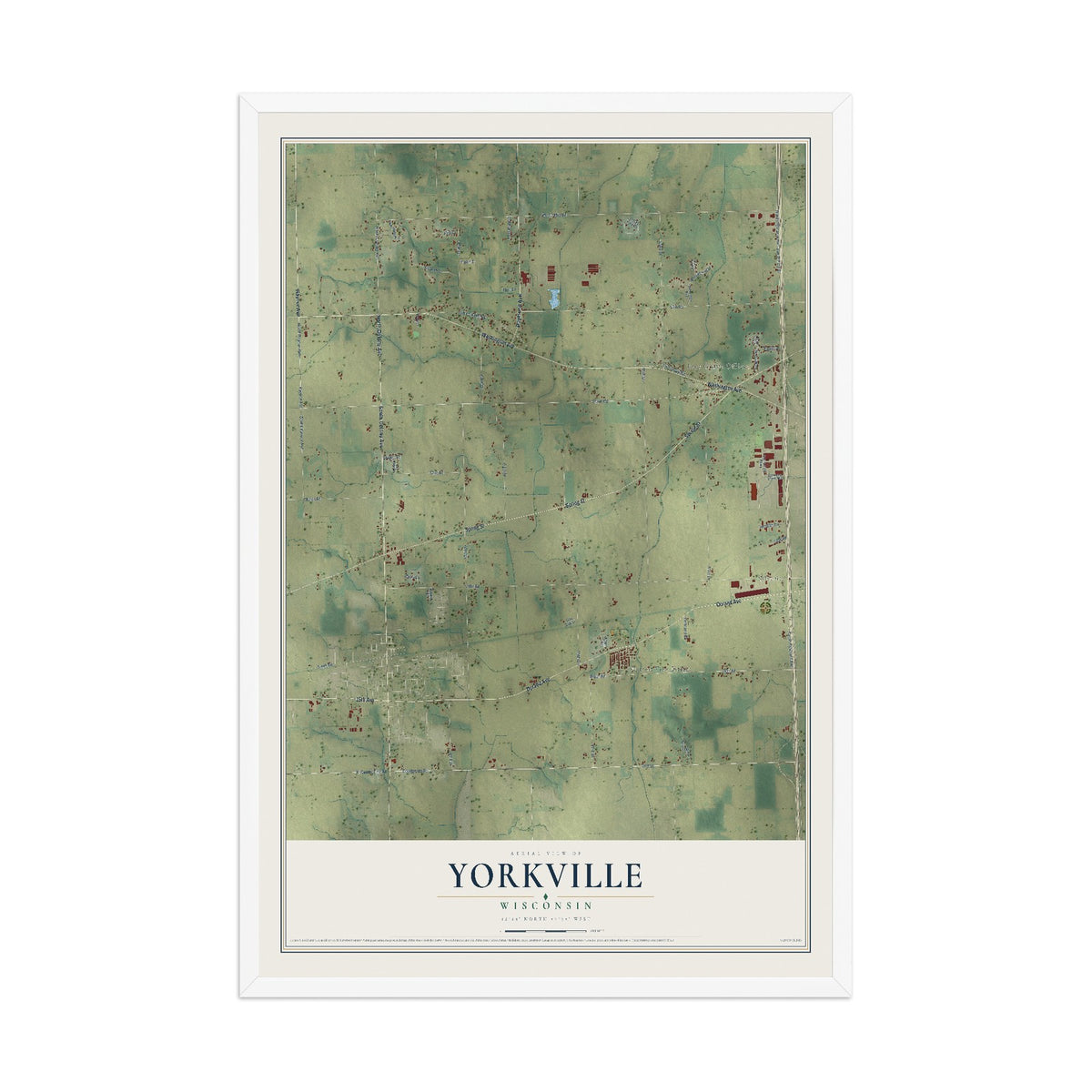 Map of Yorkville, Wisconsin, 12 x 18 inch print in a white wood frame