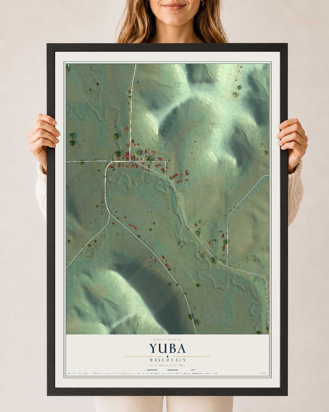Map of Yuba, Wisconsin, 24 x 36 inch print in a black wood frame