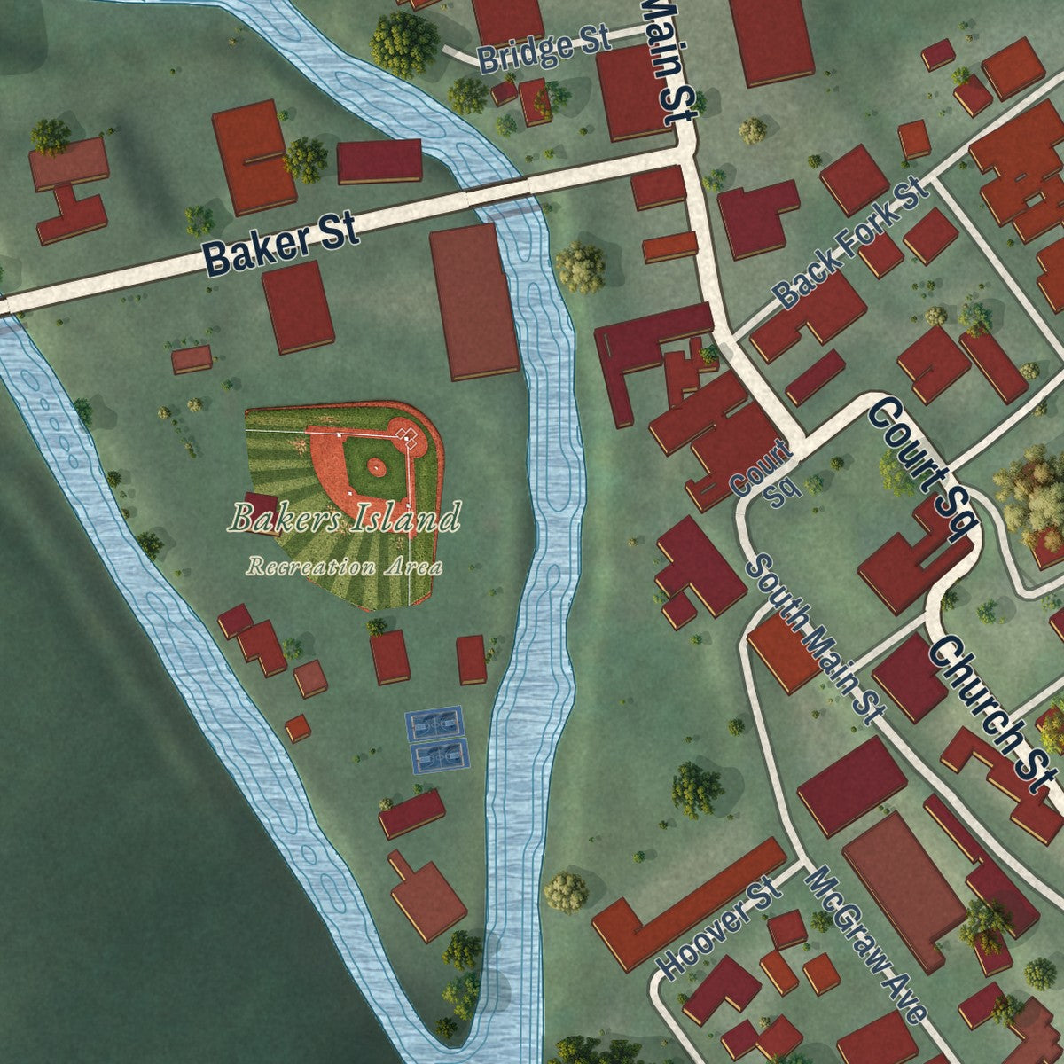 Close-up of the map of Addison (Webster Springs), West Virginia print showing street and building detail