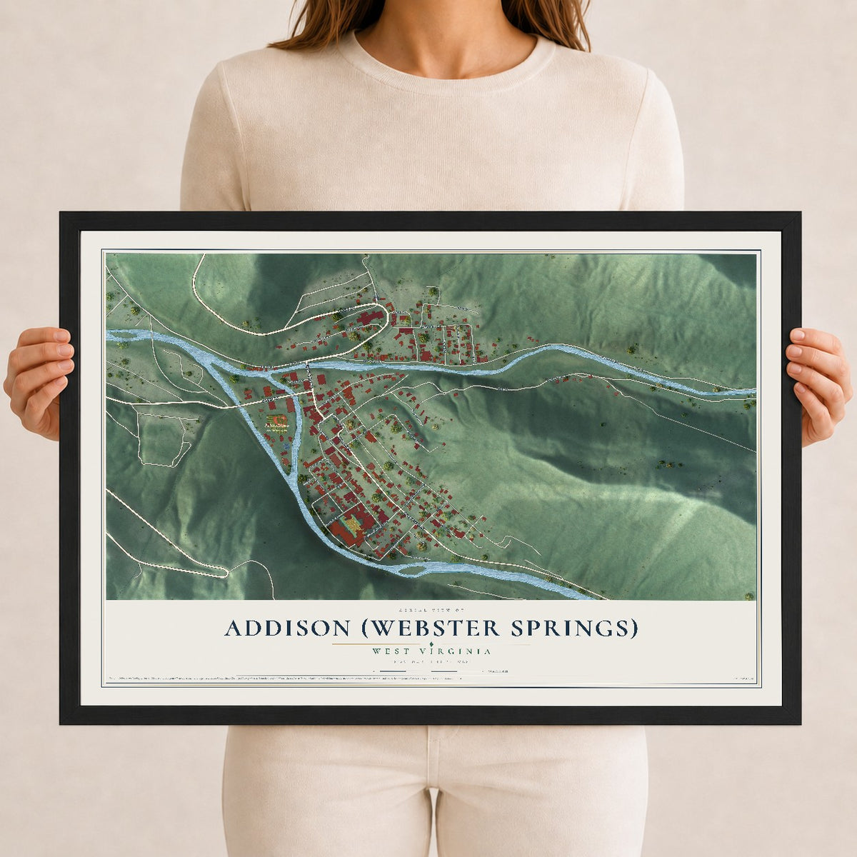 Map of Addison (Webster Springs), West Virginia, 12 x 18 inch print in a black wood frame