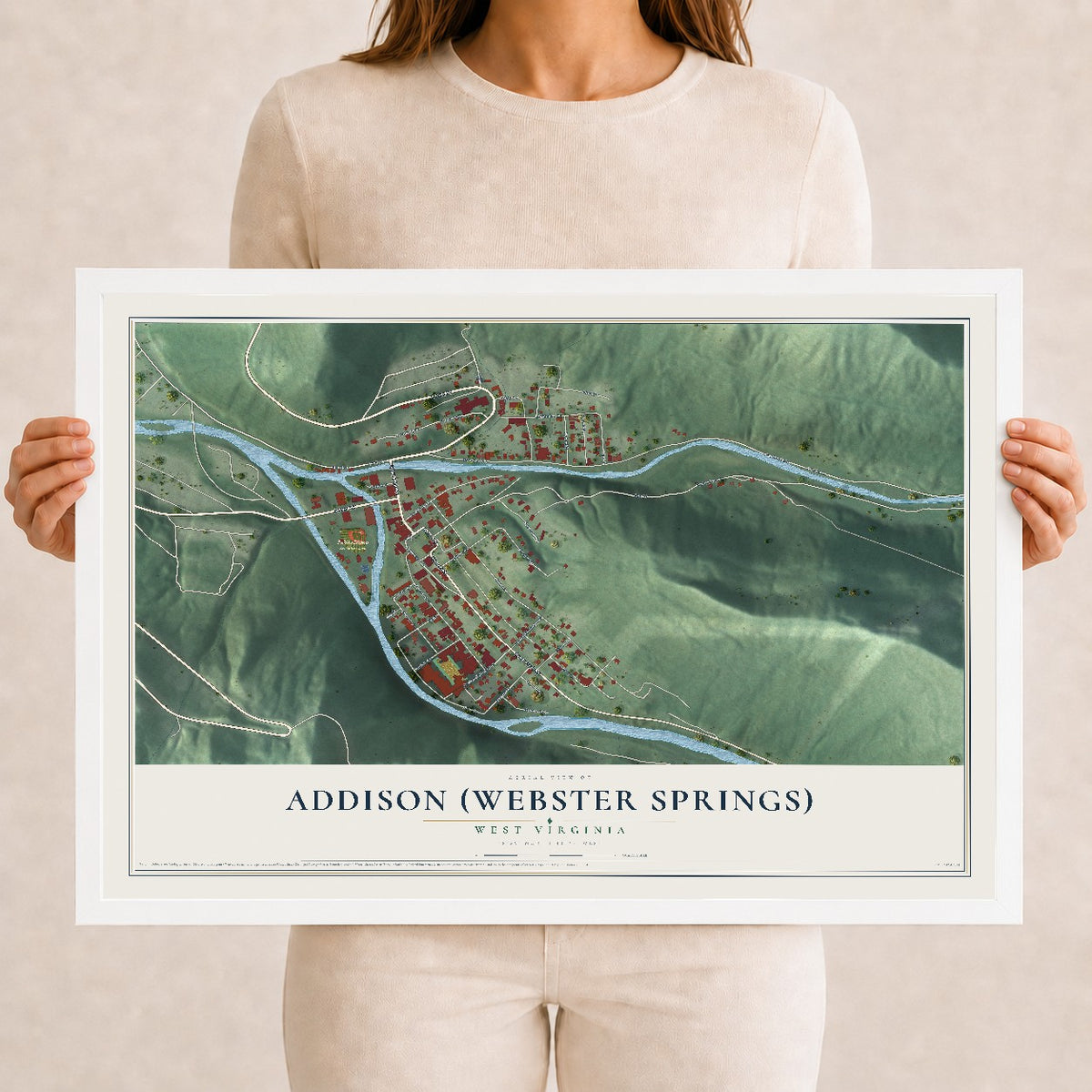 Map of Addison (Webster Springs), West Virginia, 12 x 18 inch print in a white wood frame