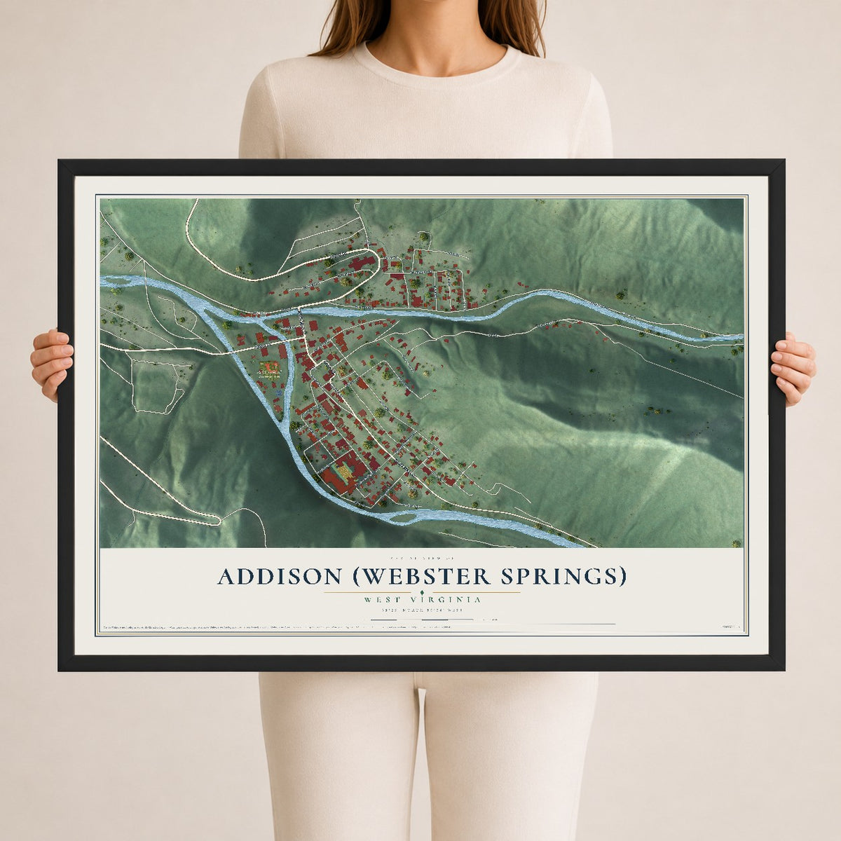 Map of Addison (Webster Springs), West Virginia, 24 x 36 inch print in a black wood frame
