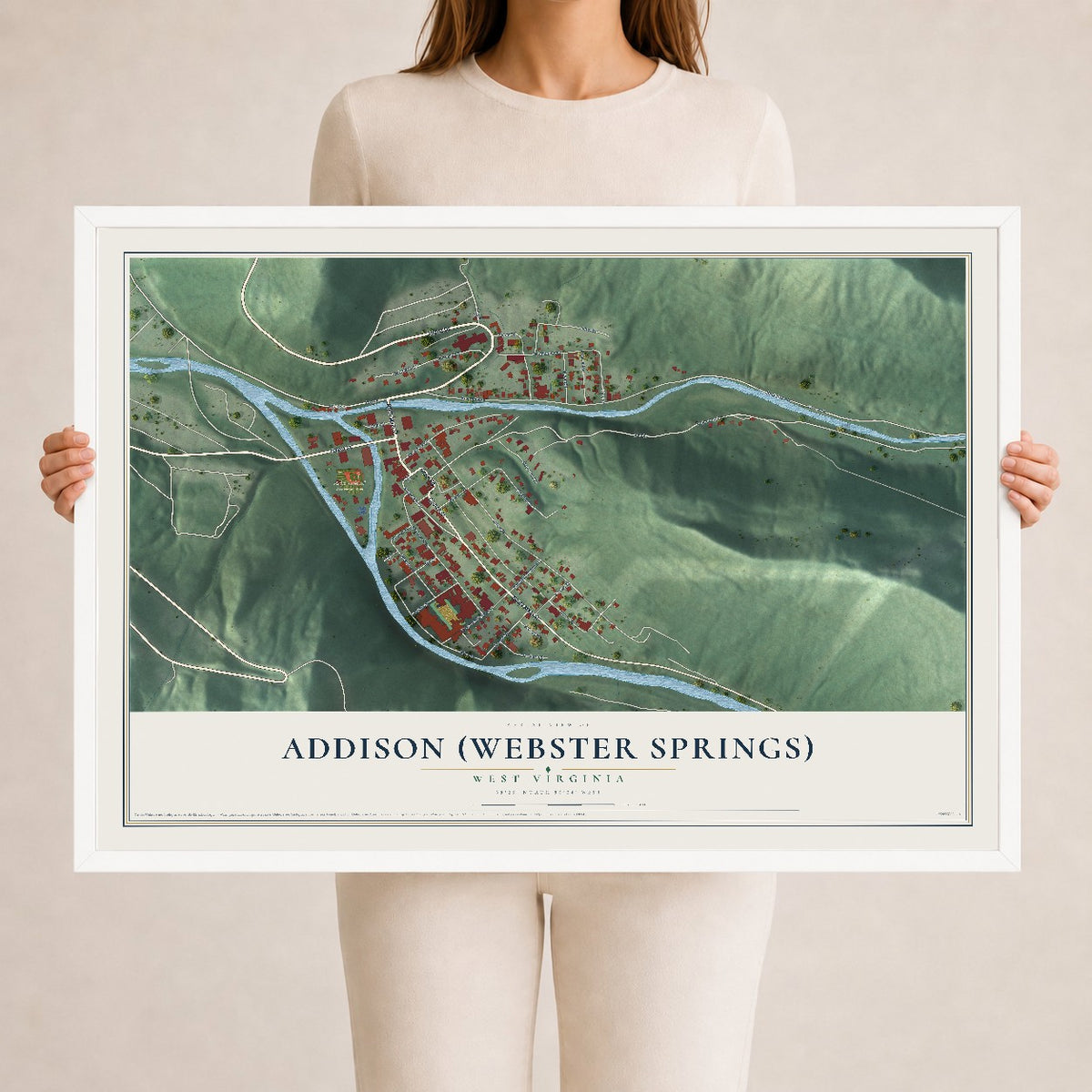 Map of Addison (Webster Springs), West Virginia, 24 x 36 inch print in a white wood frame