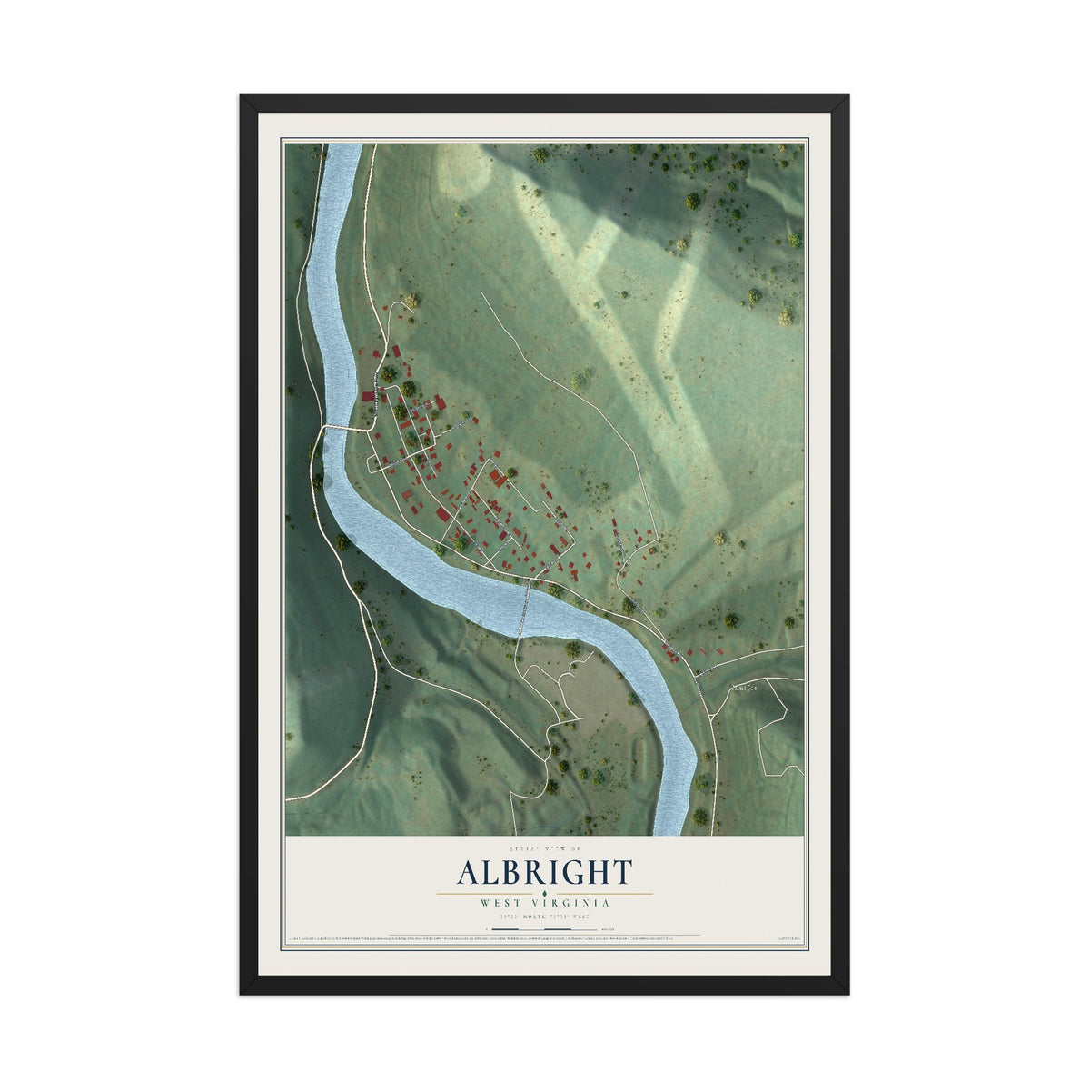 Map of Albright, West Virginia, 12 x 18 inch print in a black wood frame