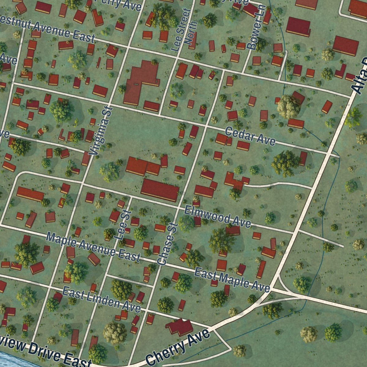 Second close-up of the map of Alderson, West Virginia print showing more streets and buildings