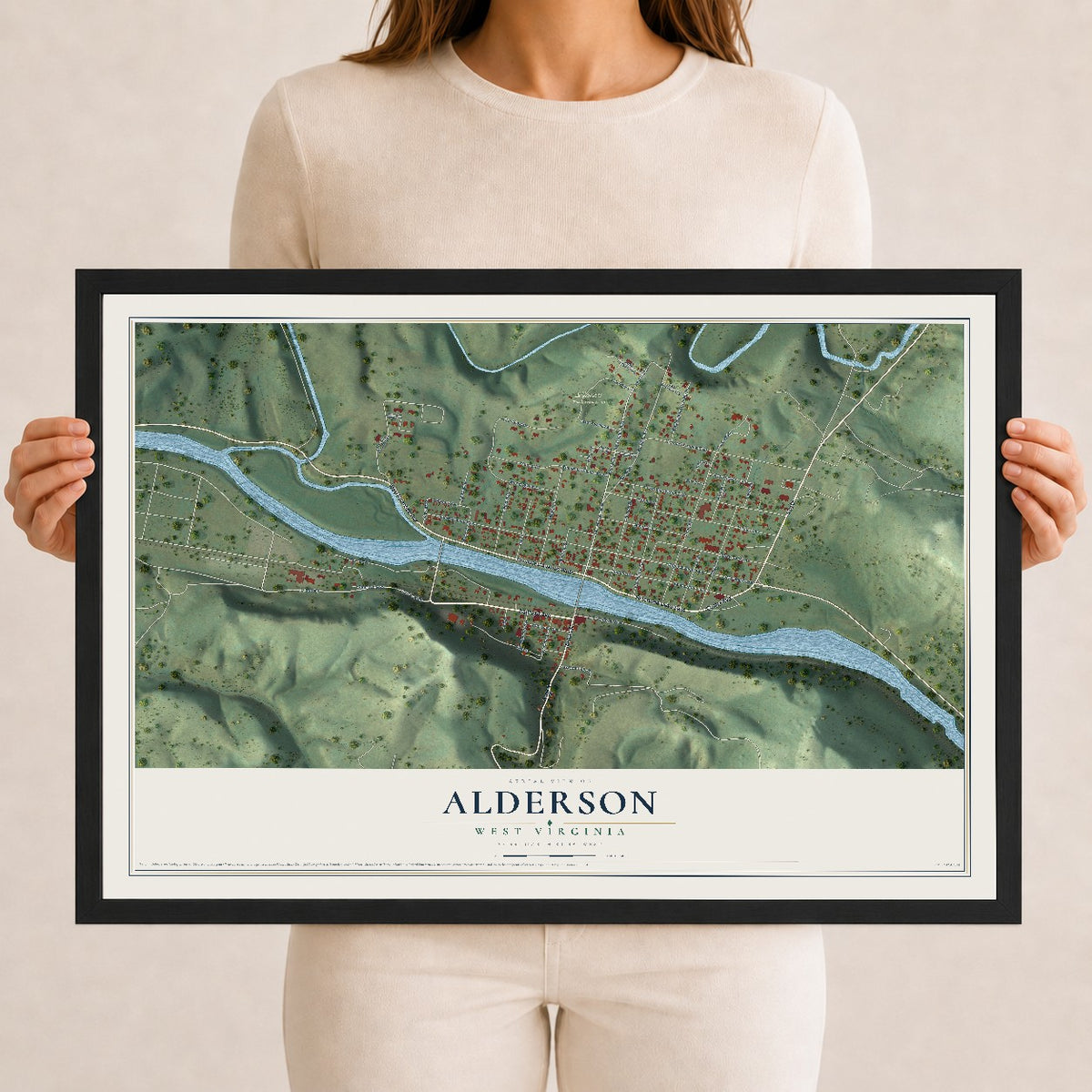 Map of Alderson, West Virginia, 12 x 18 inch print in a black wood frame