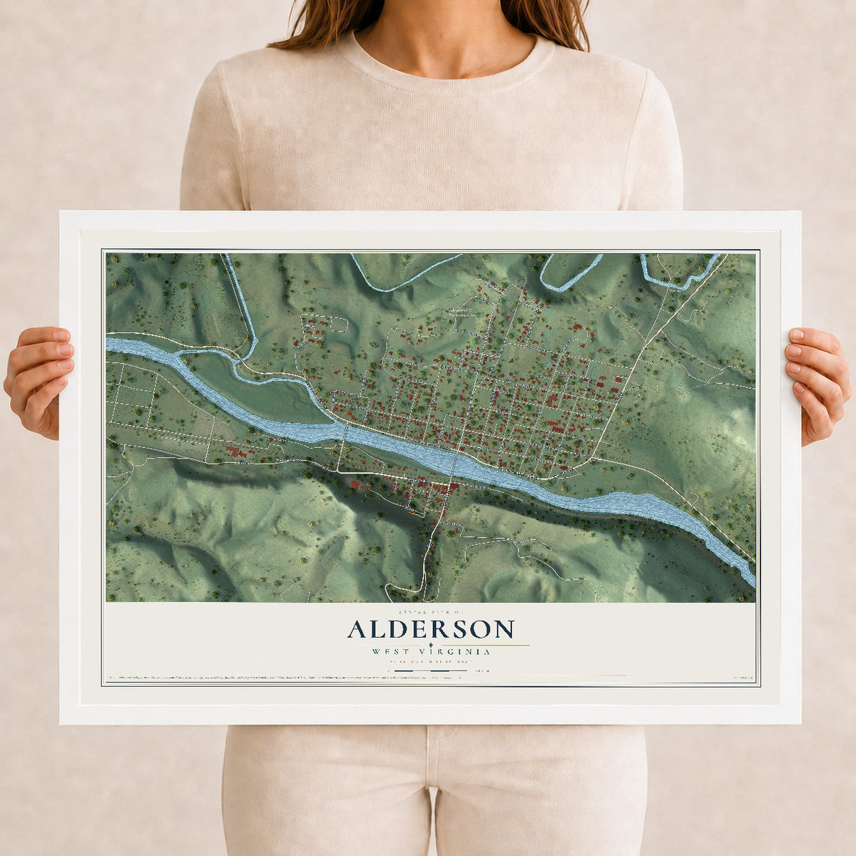 Map of Alderson, West Virginia, 12 x 18 inch print in a white wood frame