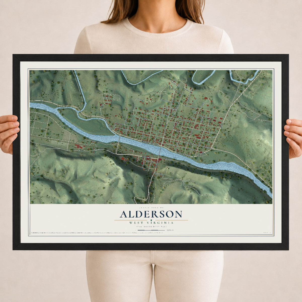 Map of Alderson, West Virginia, 18 x 24 inch print in a black wood frame