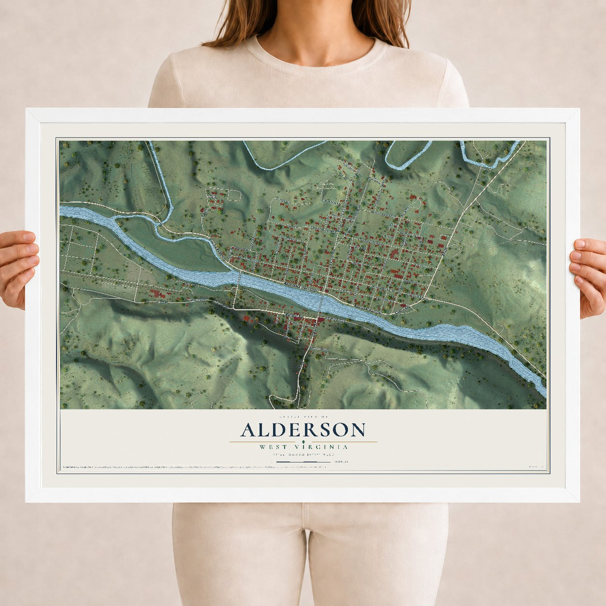 Map of Alderson, West Virginia, 18 x 24 inch print in a white wood frame