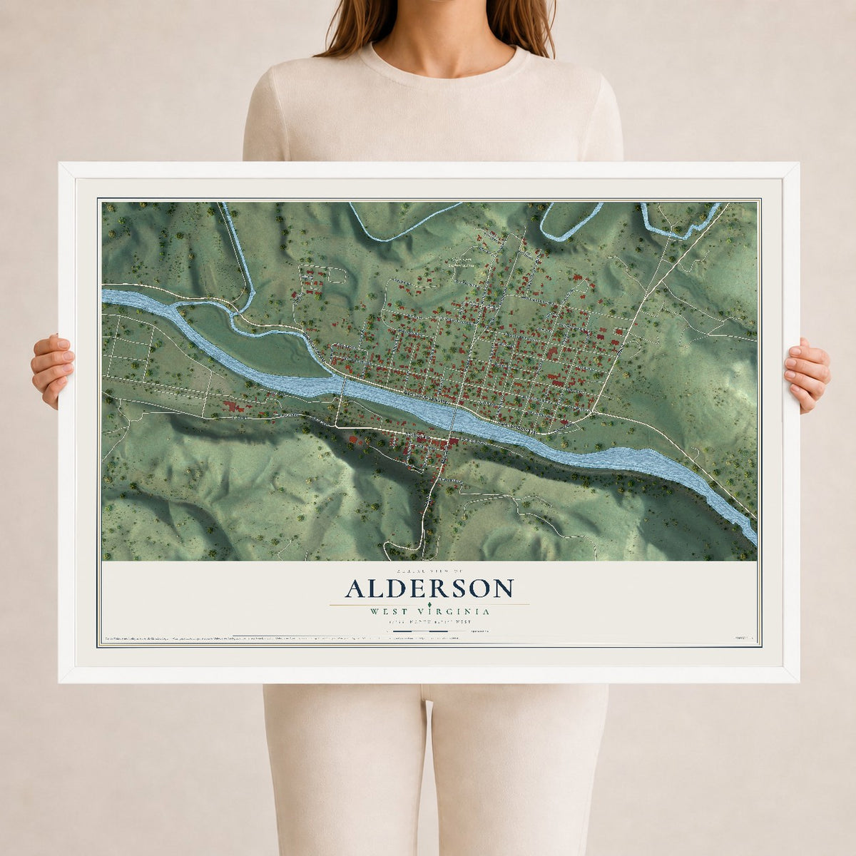 Map of Alderson, West Virginia, 24 x 36 inch print in a white wood frame