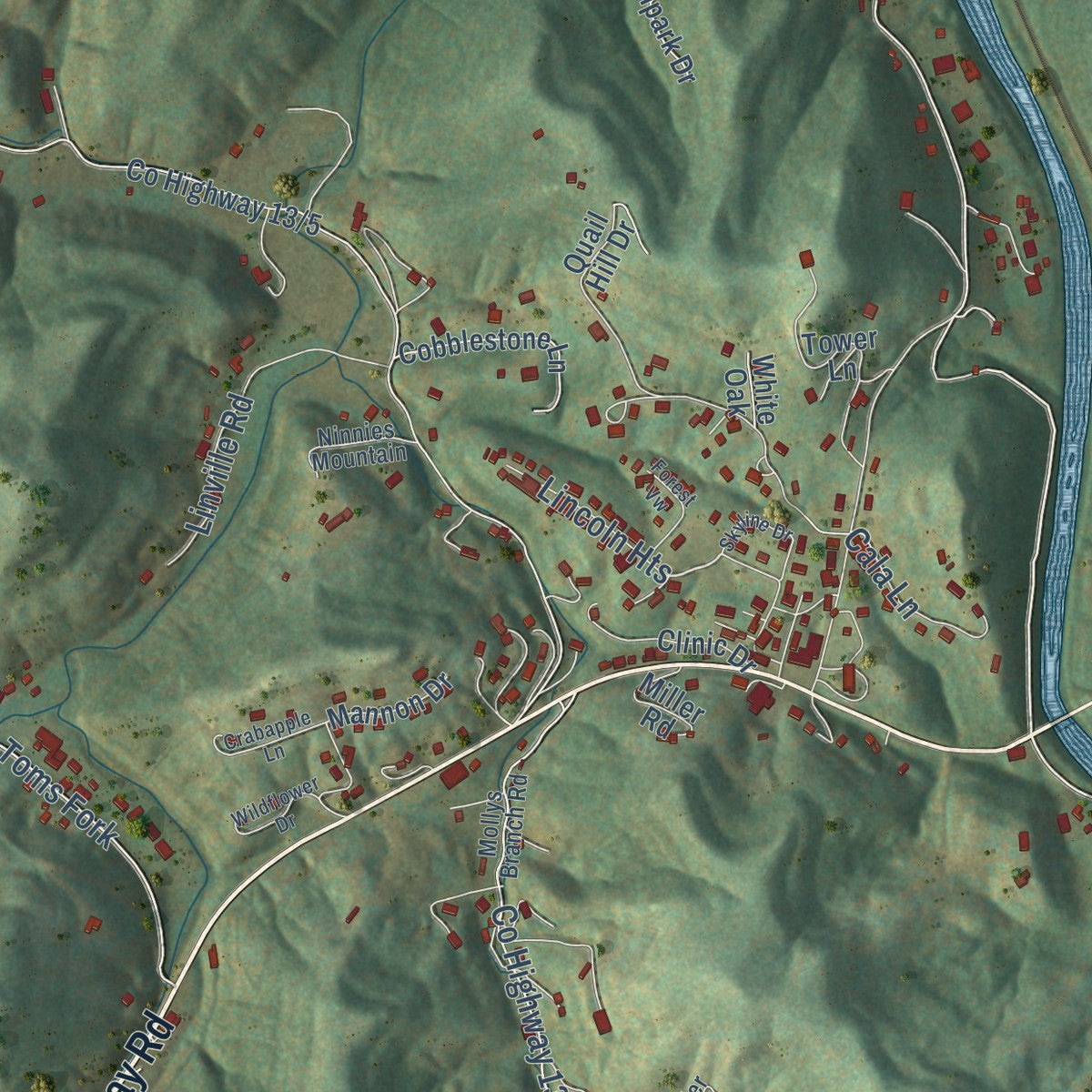 Close-up of the map of Alum Creek, West Virginia print showing street and building detail
