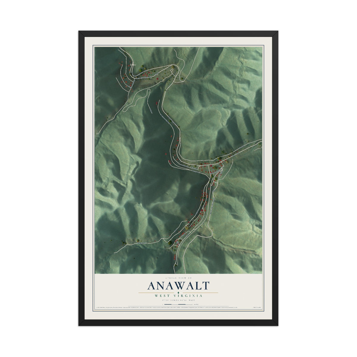 Map of Anawalt, West Virginia, 12 x 18 inch print in a black wood frame