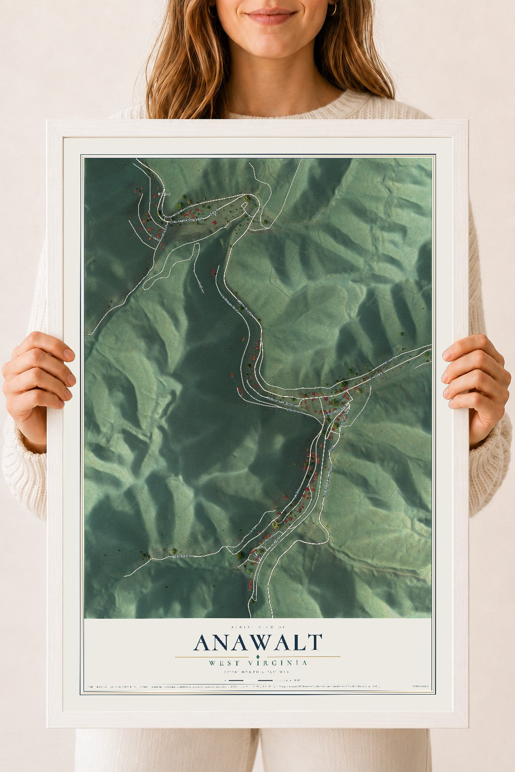 Map of Anawalt, West Virginia, 18 x 24 inch print in a white wood frame