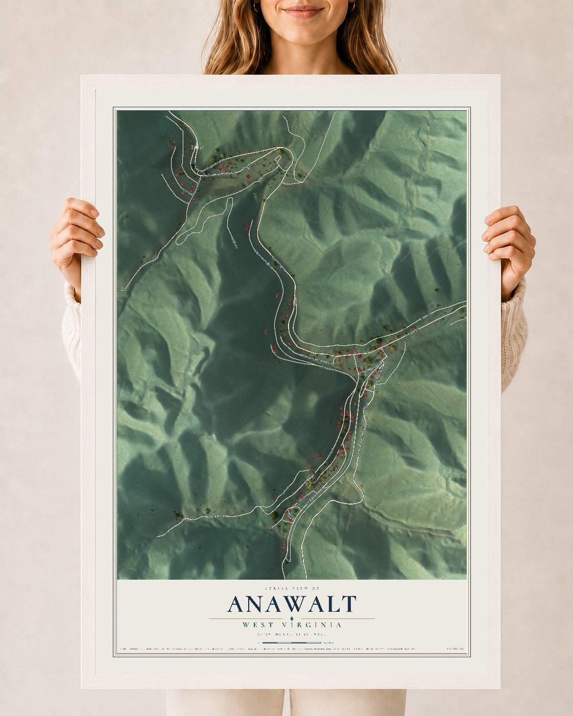 Map of Anawalt, West Virginia, 24 x 36 inch print in a white wood frame