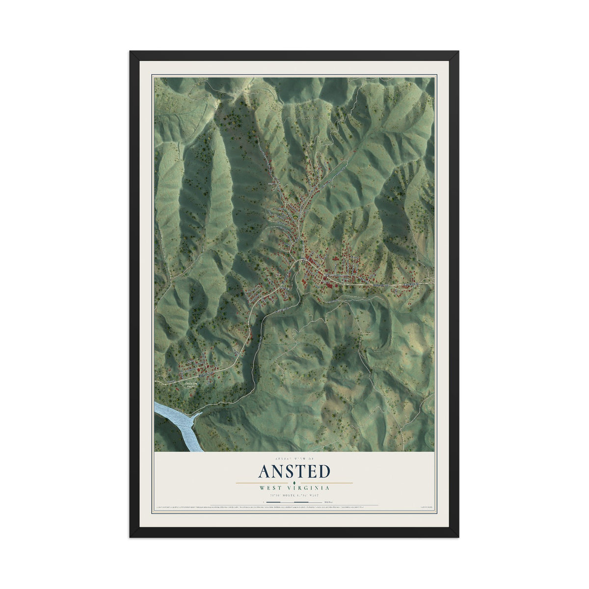 Map of Ansted, West Virginia, 12 x 18 inch print in a black wood frame