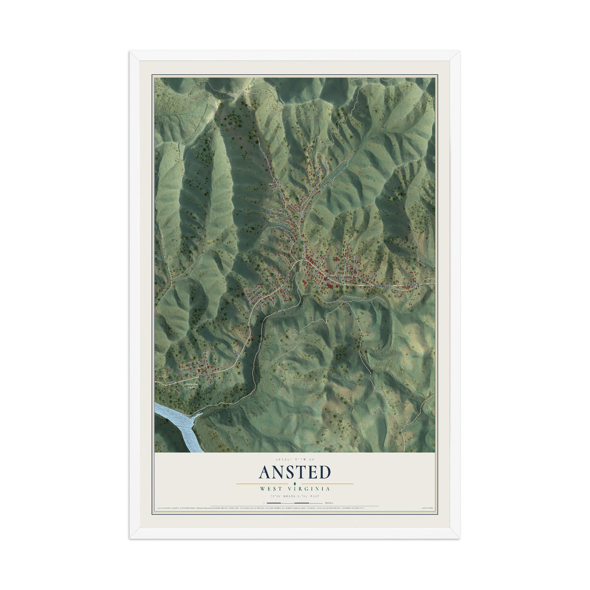 Map of Ansted, West Virginia, 12 x 18 inch print in a white wood frame