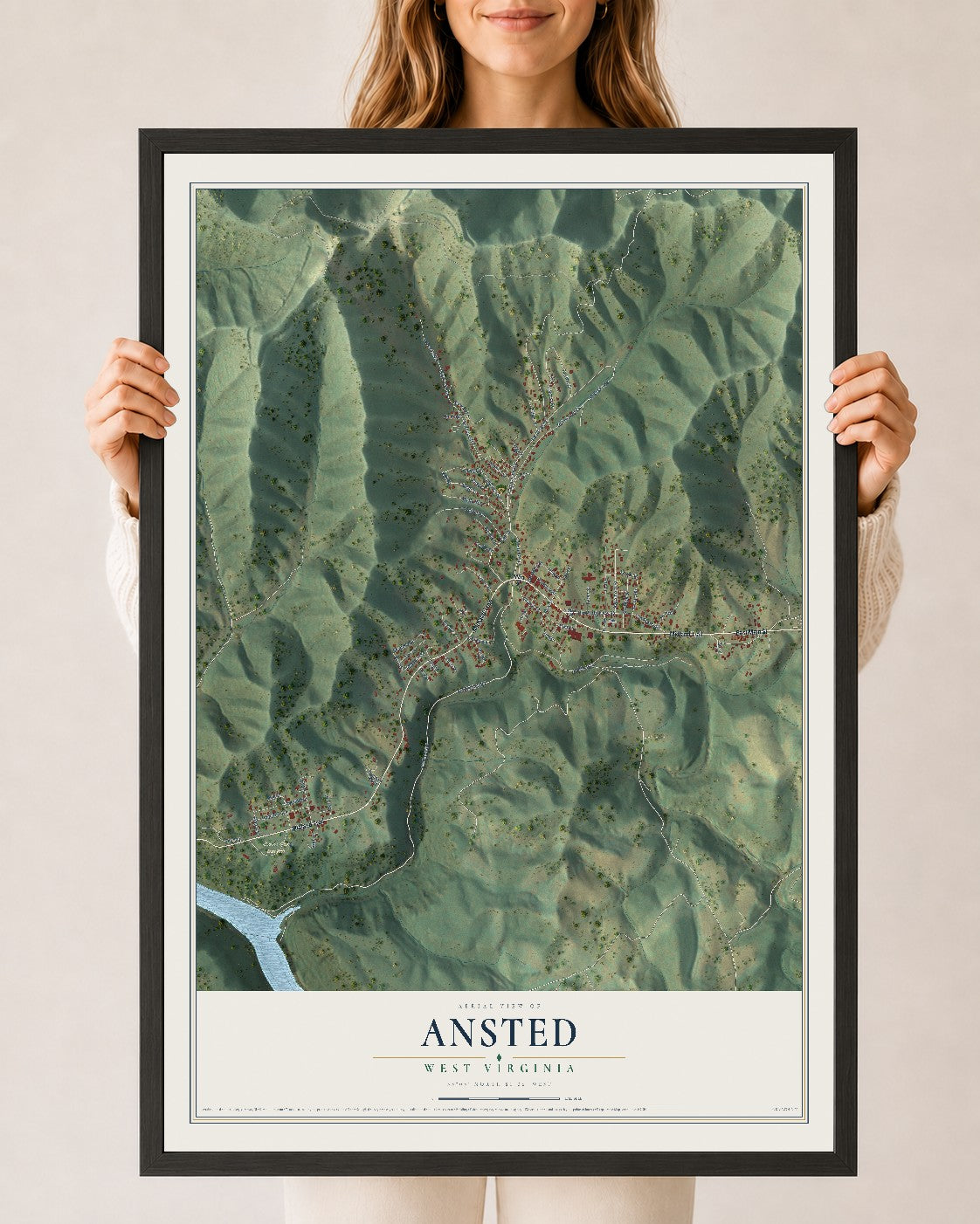 Map of Ansted, West Virginia, 24 x 36 inch print in a black wood frame