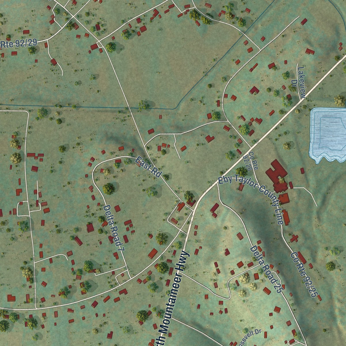 Close-up of the map of Arthurdale, West Virginia print showing street and building detail