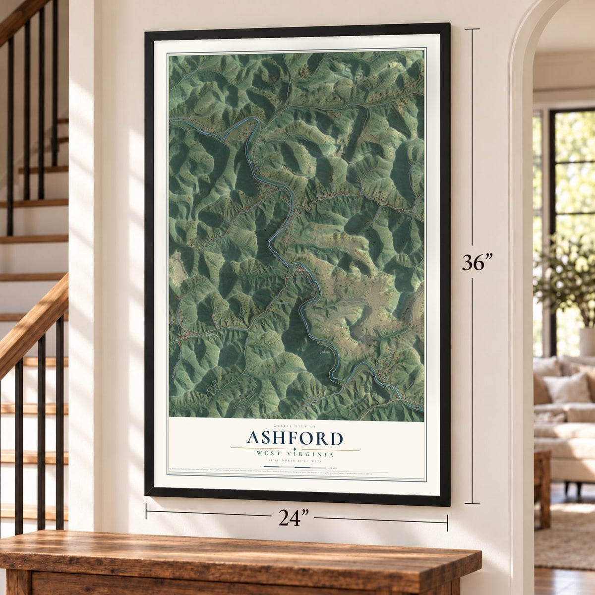 Ashford, West Virginia map, 24 x 36 inch print in a black frame by a staircase