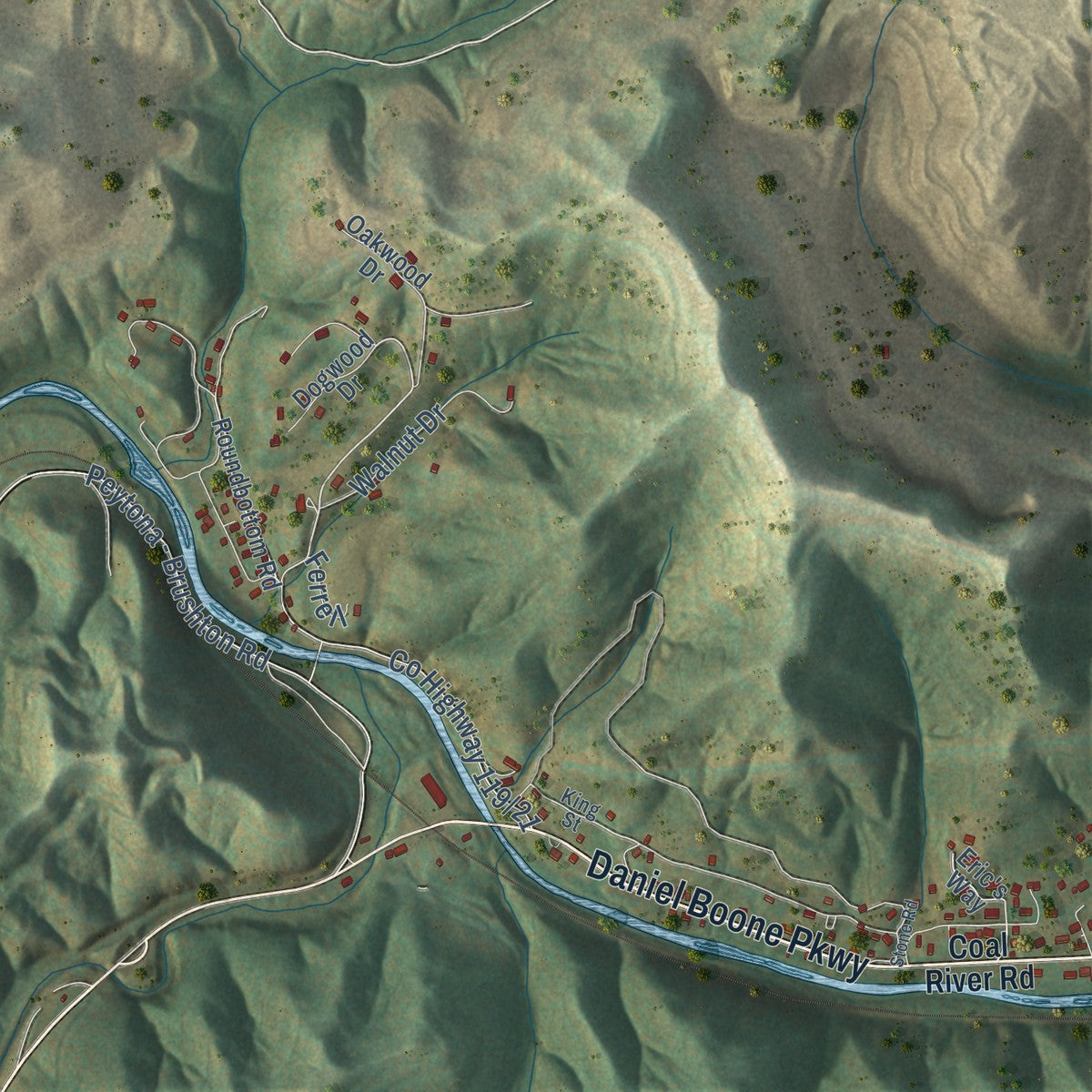 Close-up of the map of Ashford, West Virginia print showing street and building detail