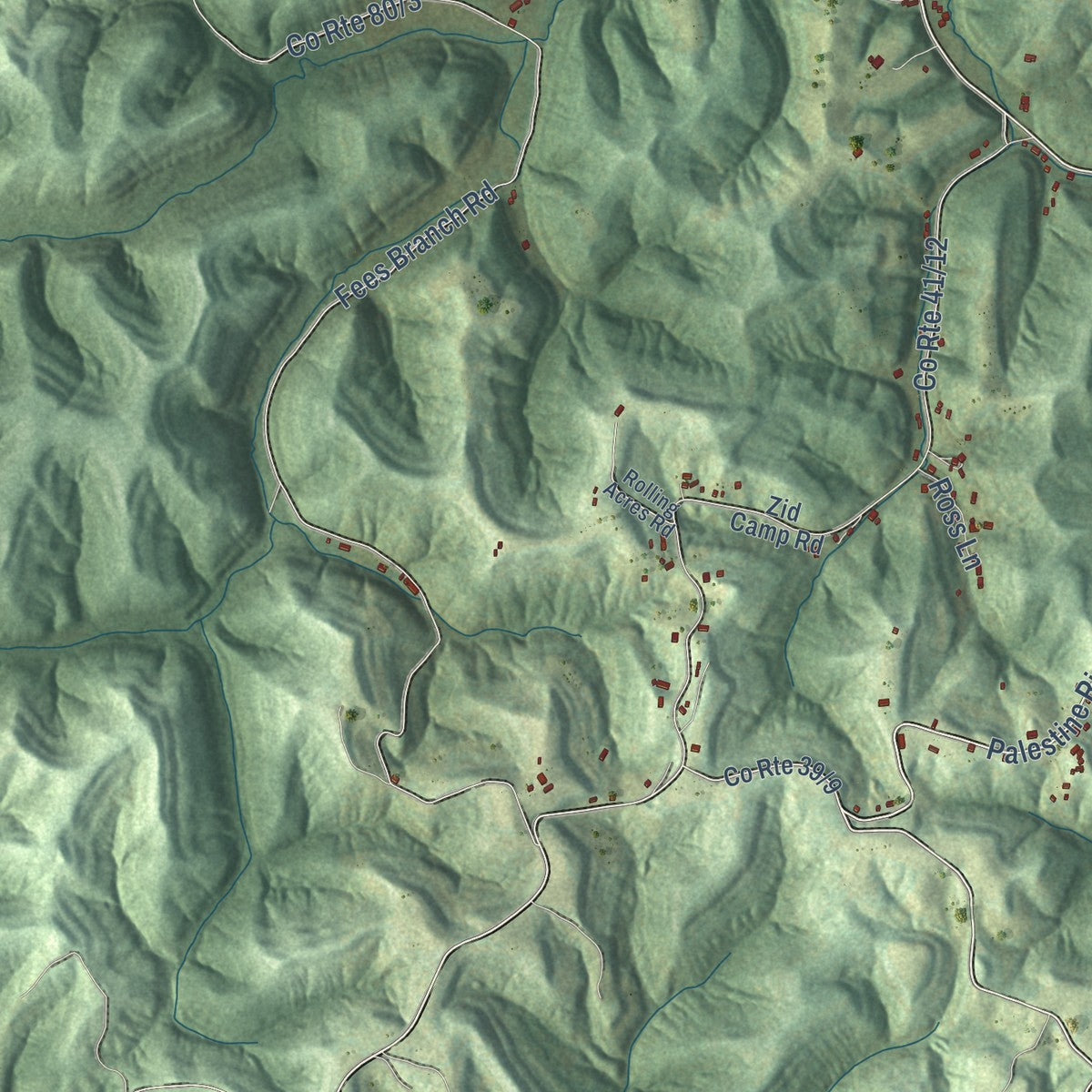 Close-up of the map of Ashton, West Virginia print showing street and building detail