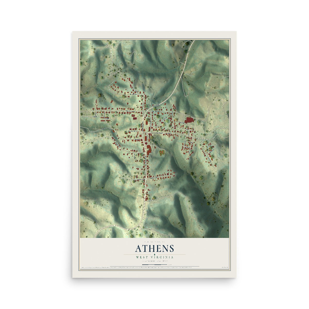 Map of Athens, West Virginia, 12 x 18 inch unframed archival matte print