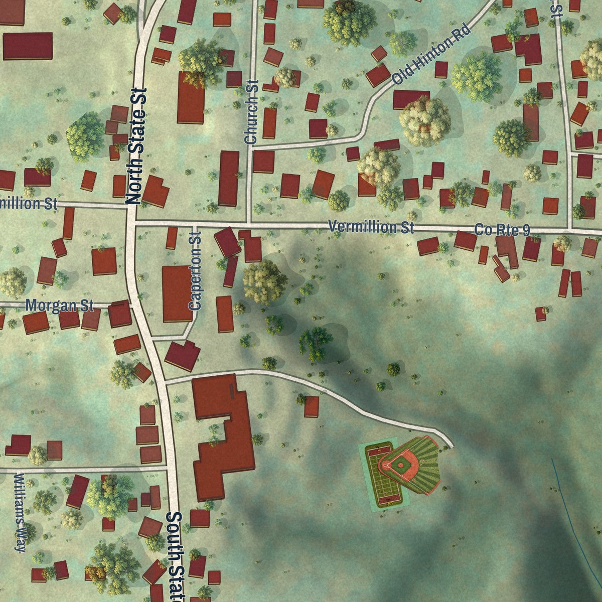 Close-up of the map of Athens, West Virginia print showing street and building detail