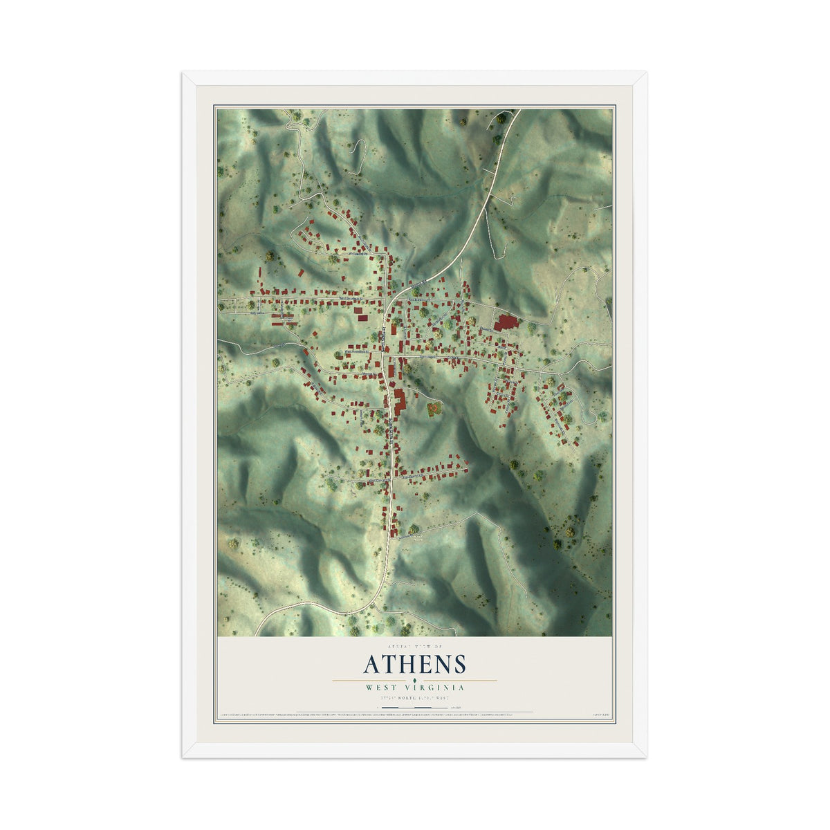 Map of Athens, West Virginia, 12 x 18 inch print in a white wood frame