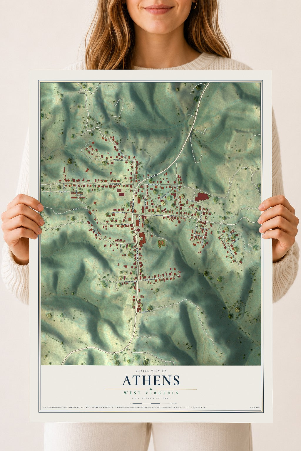 Map of Athens, West Virginia, 18 x 24 inch unframed archival matte print